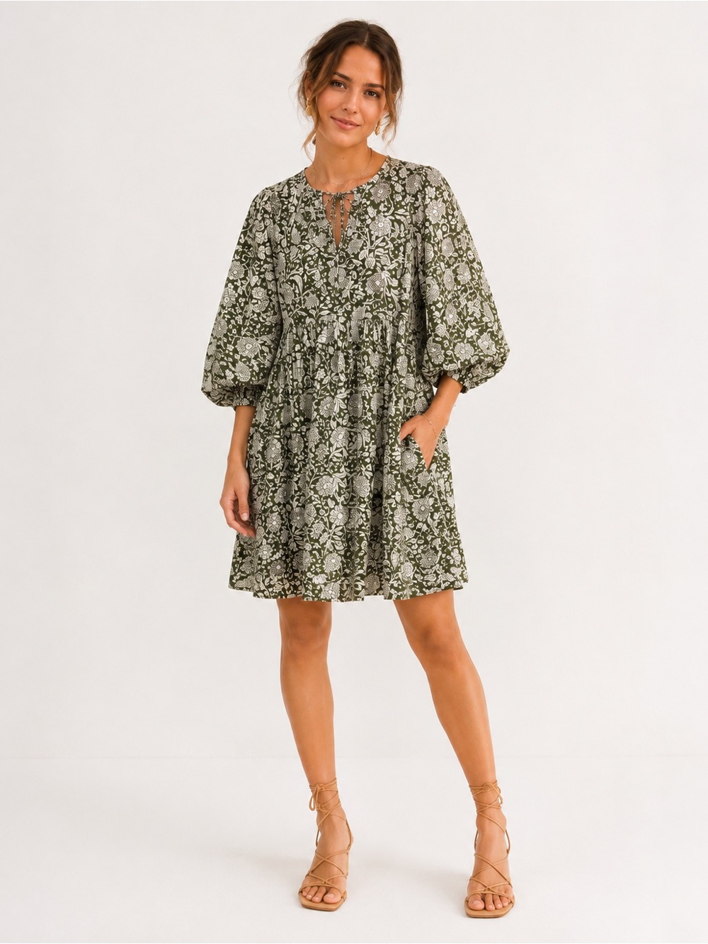 House of Sundar Maya Mini Dress Olive Floral Block Print Cotton Boho M